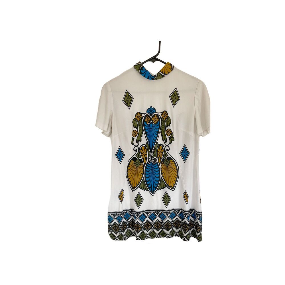 Vintage 60s Mod Abstract Tunic Mini Shift Dress Cream Rust Black Blue Sz M/L